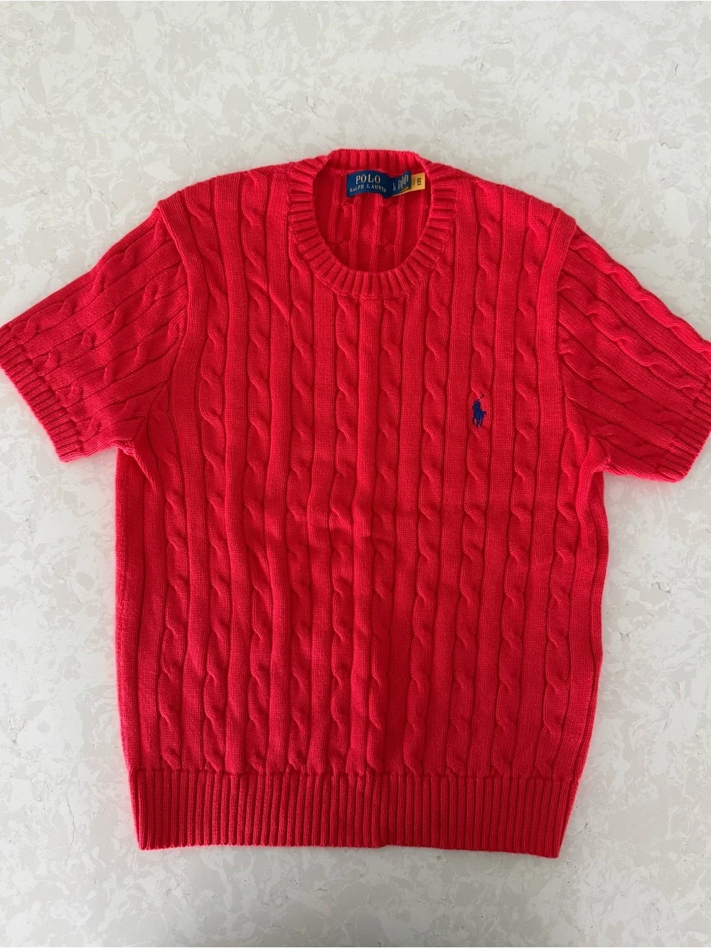 Polo by Ralph Lauren Bright Red Cable Short-Sleeve Crewneck Sweater - Picture 1 of 4
